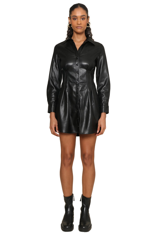 Clothing : Midi Dresses : 'Luanne' Black Vegan Leather Corset Midi